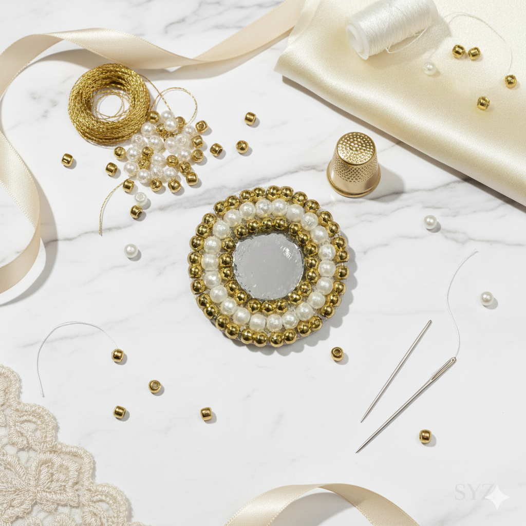 Hand Embroidered Aari Work Applique Patch Motif Butti - Round Gold Beads & Zardozi Design (2.8 cm) - Perfect for Lehenga, Saree Blouse, Dupatta, Dress Designing, Rakhi, Jewellery, Art & Craft