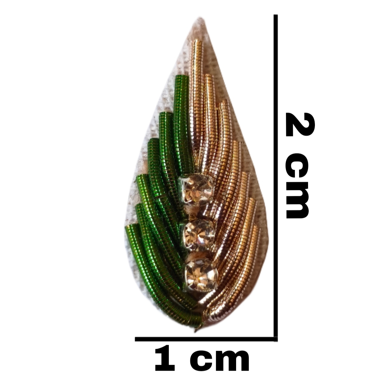 Hand Embroidery Zardozi Appliqué Patch – Golden Green, 2cm x 1cm, Dapka & Glass Stone Work