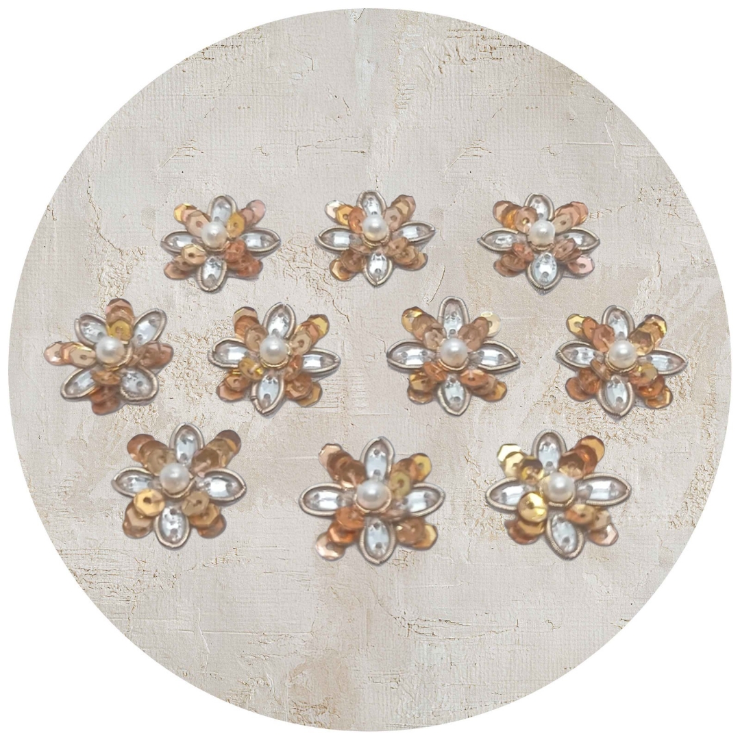 Hand Embroidered Zardozi Appliqué Patch – 20x20mm | White Kisti stone, Off-White Beads, Deep Gold Sequins