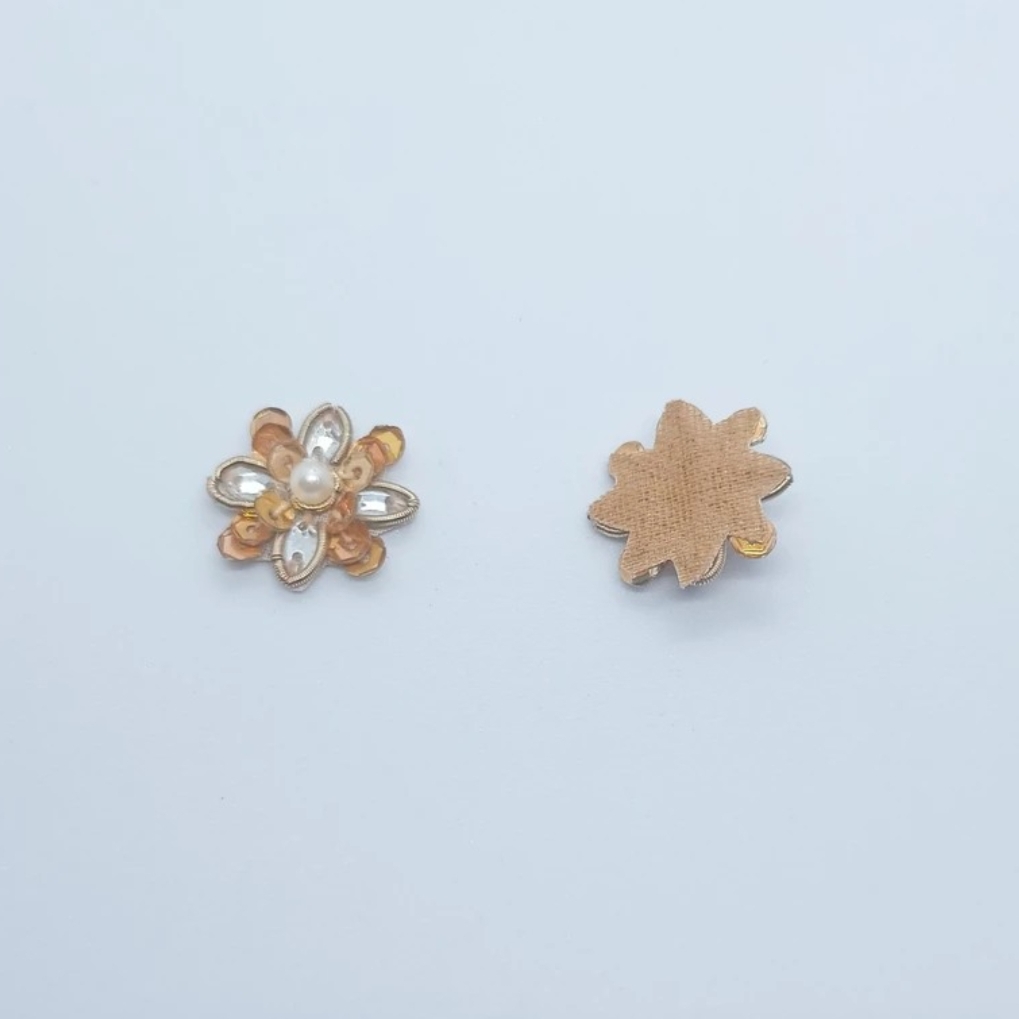 Hand Embroidered Zardozi Appliqué Patch – 20x20mm | White Kisti stone, Off-White Beads, Deep Gold Sequins