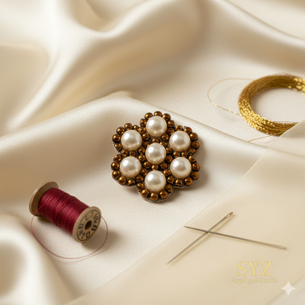 Hand Embroidered Applique Patch Flower Motif | Aari Work Beaded Patch | Brown & White Pearl Beads Design | 3 cm Round Floral Applique | Sewing & Fabric Glue Patch for Lehenga, Blouse, Suit, Saree, DIY Craft