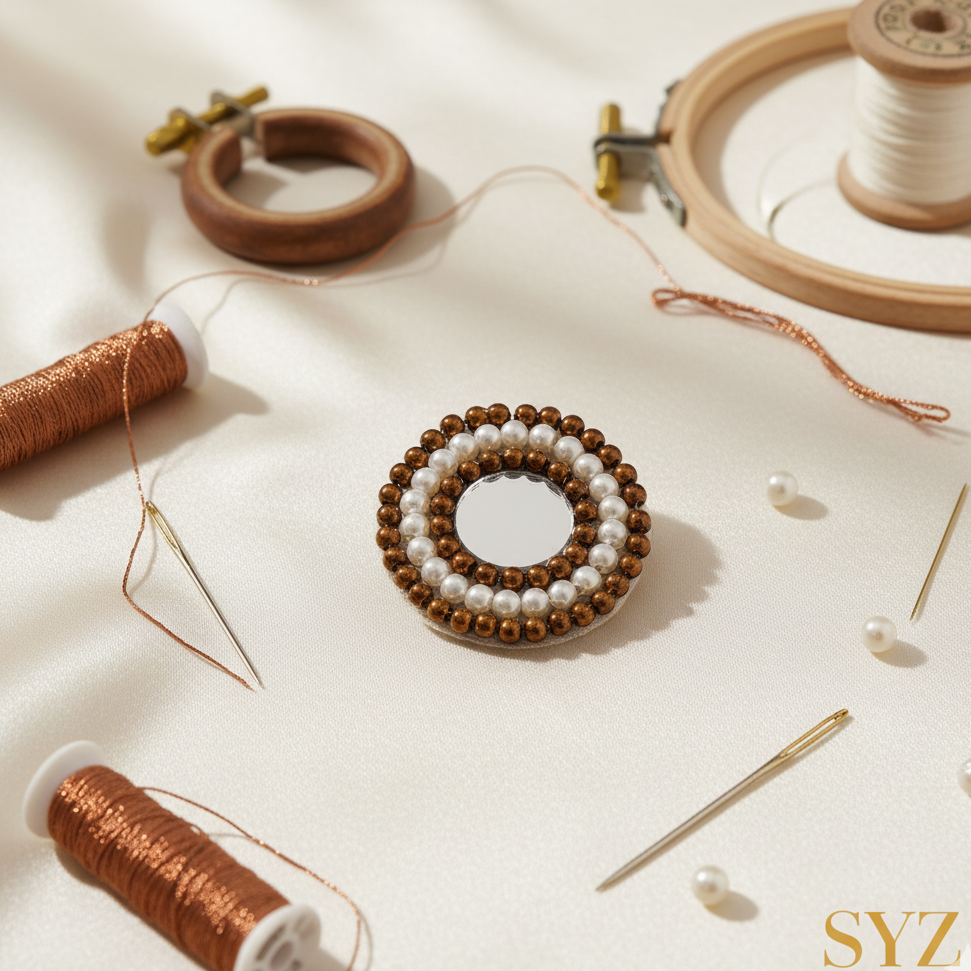 Hand Embroidered Aari Work Applique Patch Motif Butti Buti Booti - Round Brown & Off-White Beads with Glass Mirror Center (2.8 cm) - Perfect for Lehenga, Saree Blouse, Dupatta, Dress Designing, Rakhi, Jewellery, Art & Craft