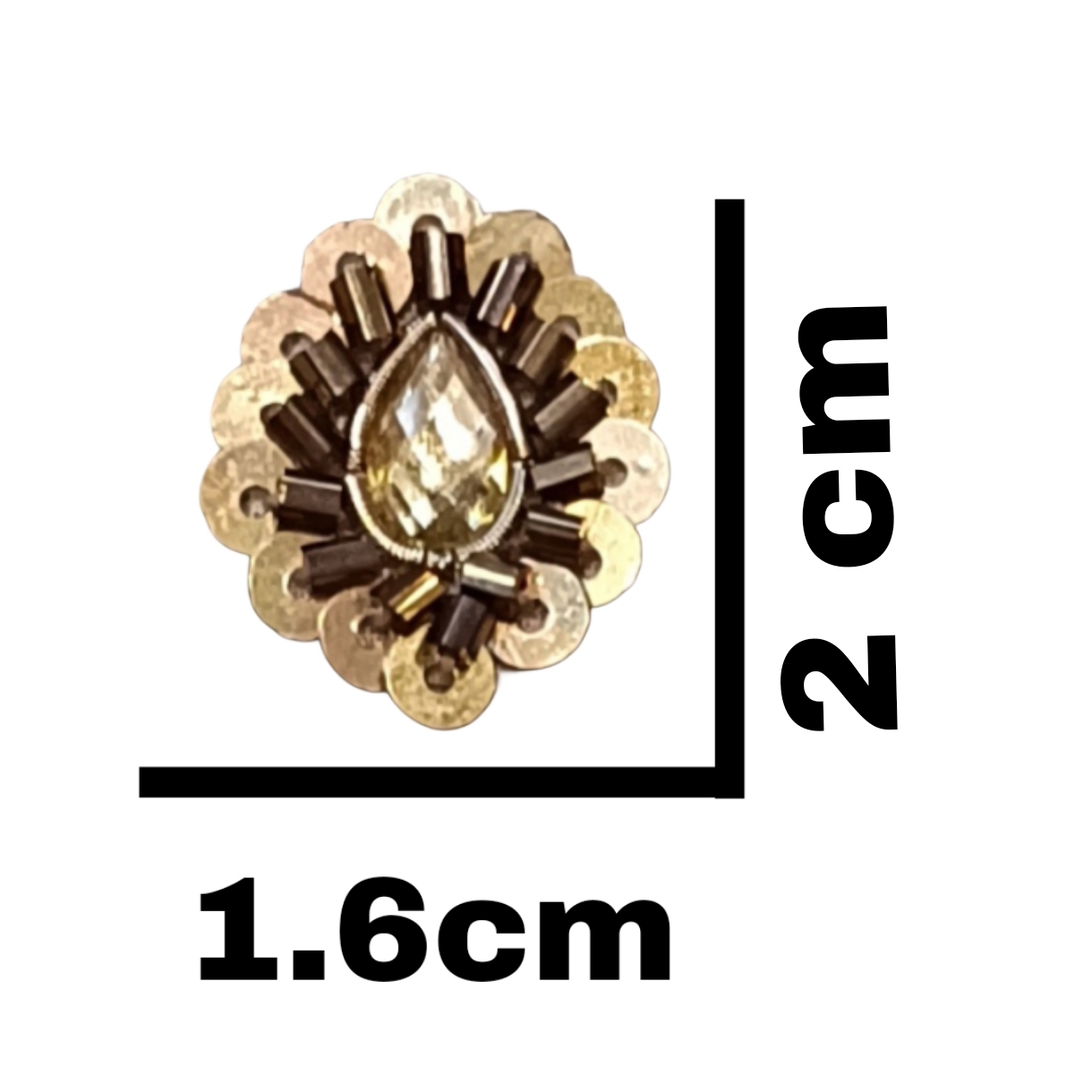 Handmade Applique Patch | Hand Embroidery Zardozi Work | Betel Shape 2x1.6 cm | Golden Dapka, Golden Sequin & Copper Cut Glass Beads