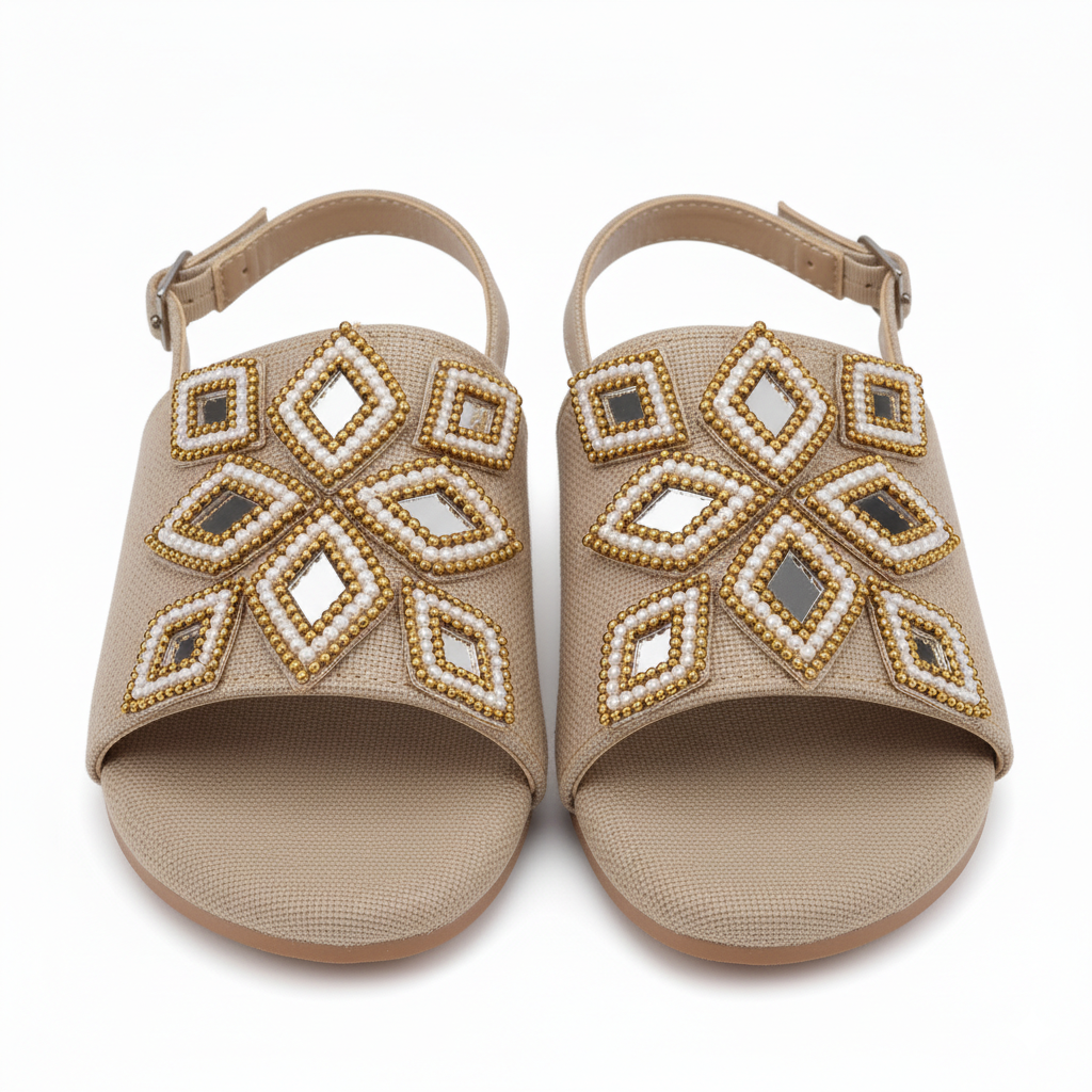 Aari Zardozi Hand Embroidered Applique Patch Motif Booti Buti for Neck Sew, Jewelry Making, Rakhi & Craft Work with Golden & Off-White Beads & Glass Mirror | Saree Blouse Lehenga Dupatta Dress Decoration | Size 4x3 cm