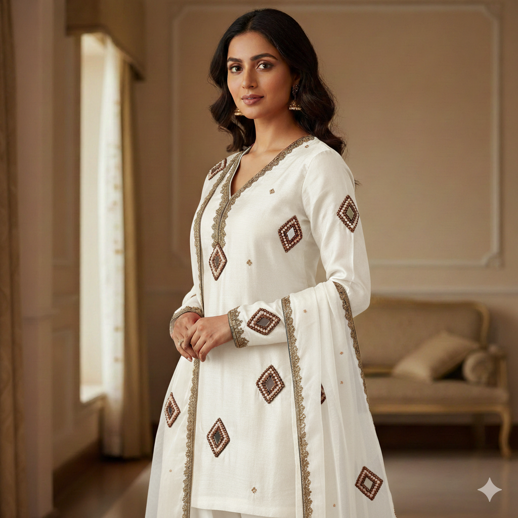 Aari Zardozi Work Applique Patch Motif Booti Buti Neck Sew Jewelry Making Rakhi Art Craft with Brown & Off-White Beads, Glass Mirror – 4x3 cm, for Saree, Blouse, Lehenga, Dupatta, Dress Designing & Craft Decoration