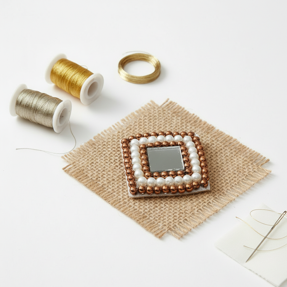 Square Mirror Zardozi Aari Hand Embroidery Applique Patch 2.5cm | Brown & White Beads Work for Bridal Lehenga Blouse Saree Dupatta sew DIY Rakkhi Jwelry Making Dress Designing art Craft