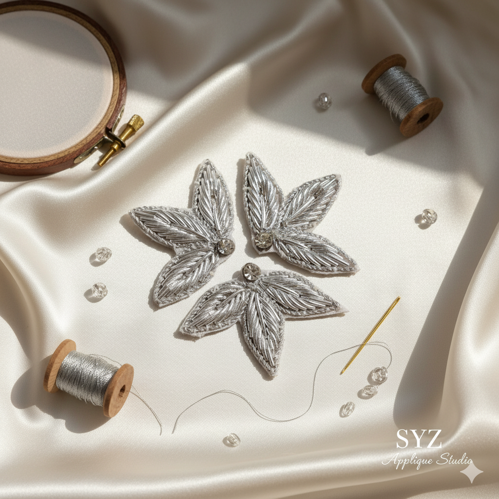 3 leaves silver color with jarkan stone hand embroidery zardozi work 