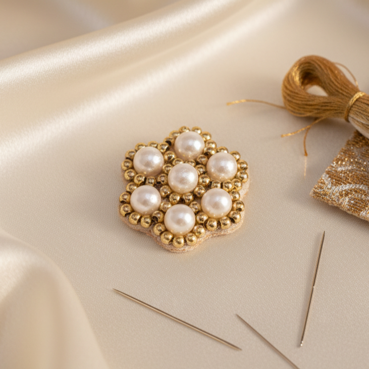 Hand Embroidered Applique Patch Flower Motif | Aari Work Beaded Pearl Patch | 3 cm Round Floral Design | Golden Beads & White Pearl Work | Sewing Craft Patch for Lehenga, Blouse, Suit, Saree, Dress, DIY Fashion Accessories