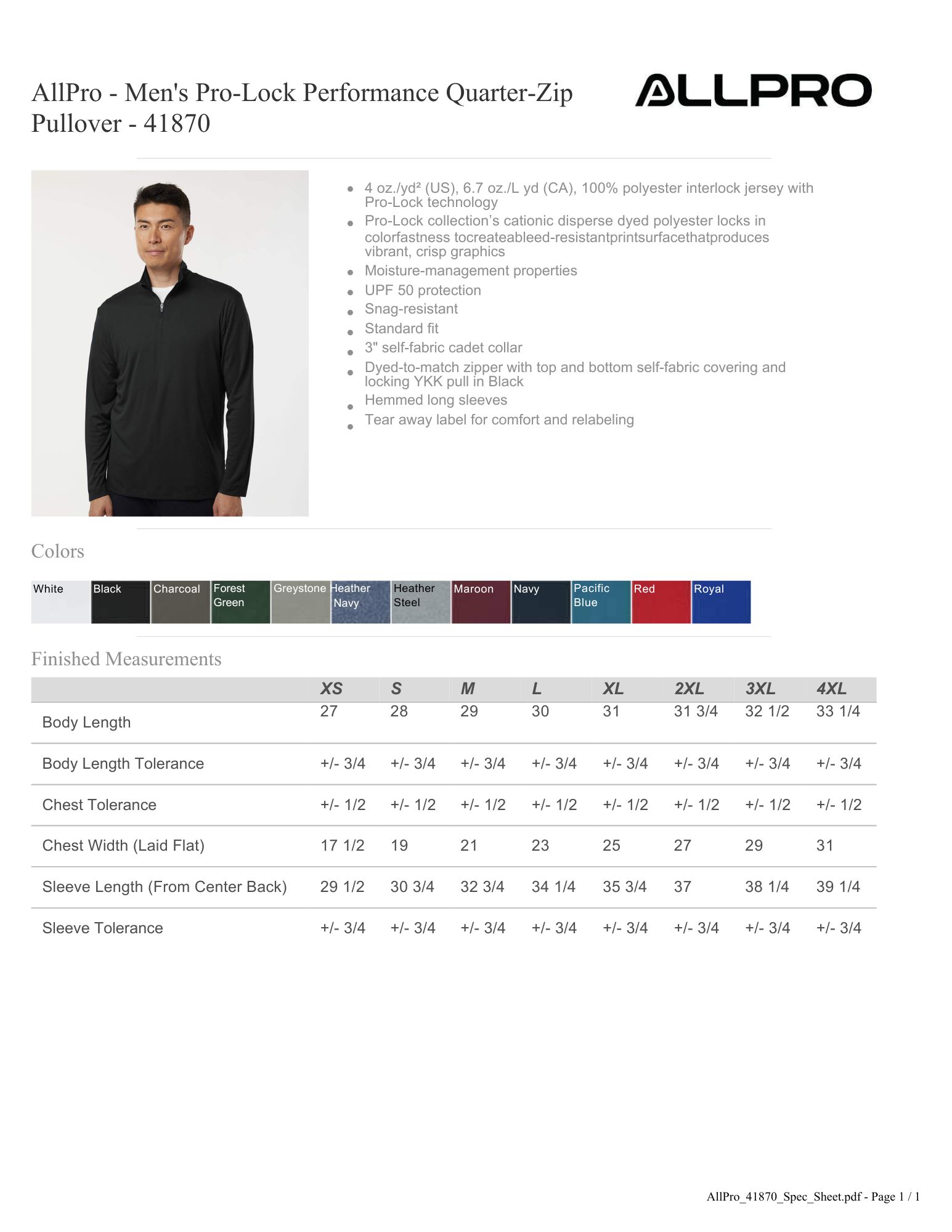 AllPro Men's Pro-Lock Performance Quarter-Zip Pullover XL Sizes