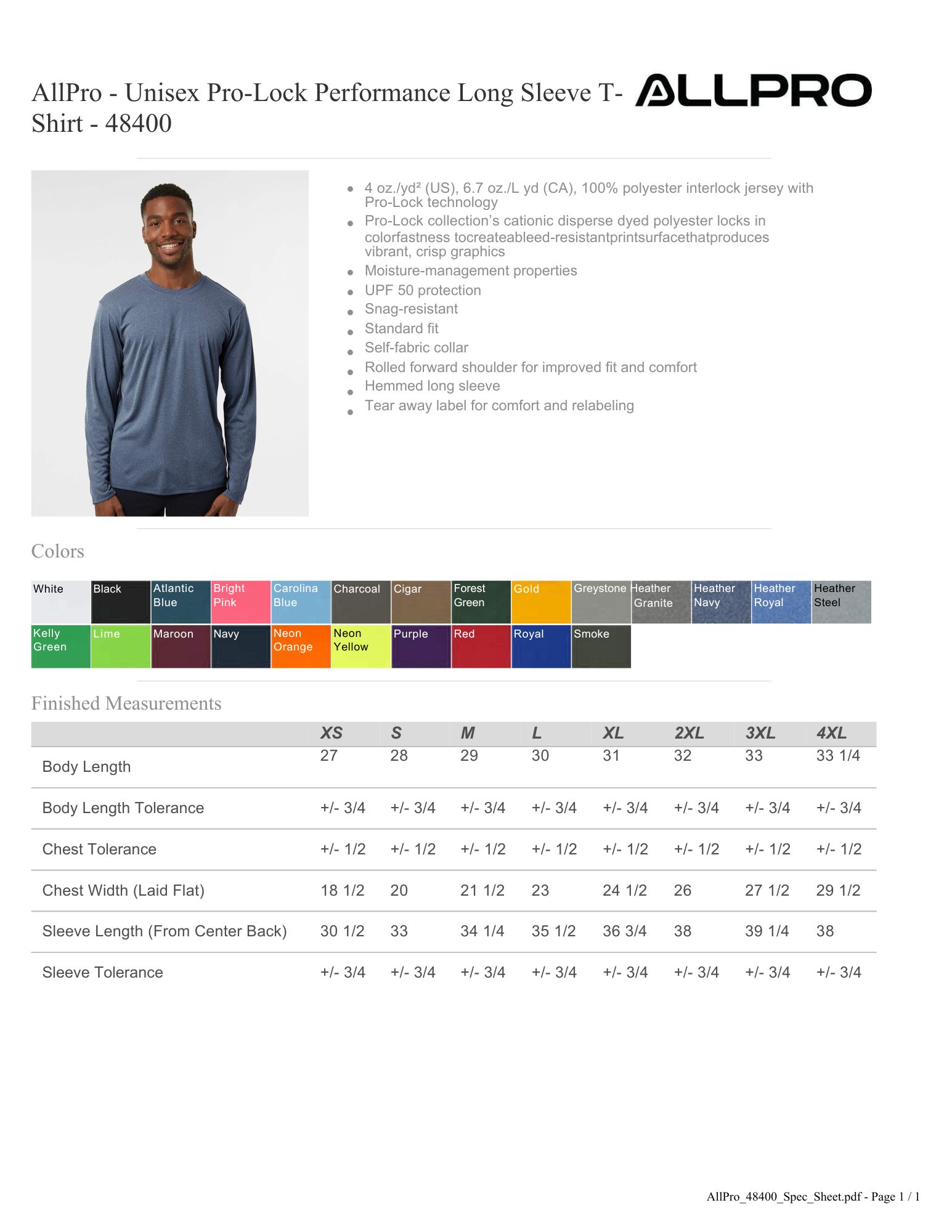 AllPro Unisex Pro-Lock Performance Long Sleeve T-Shirt XL sizes