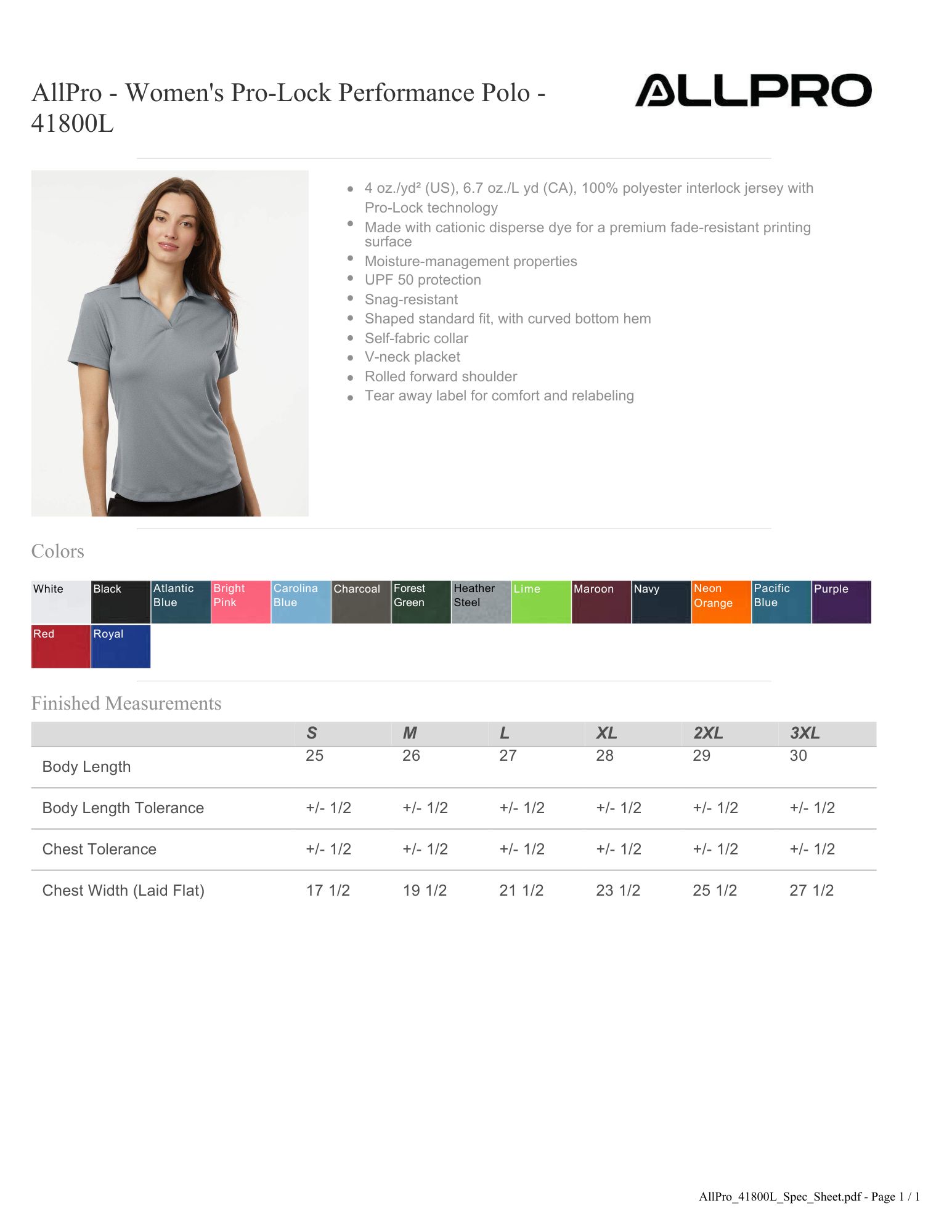 AllPro Women's Pro-Lock Performance Polo XL Sizes