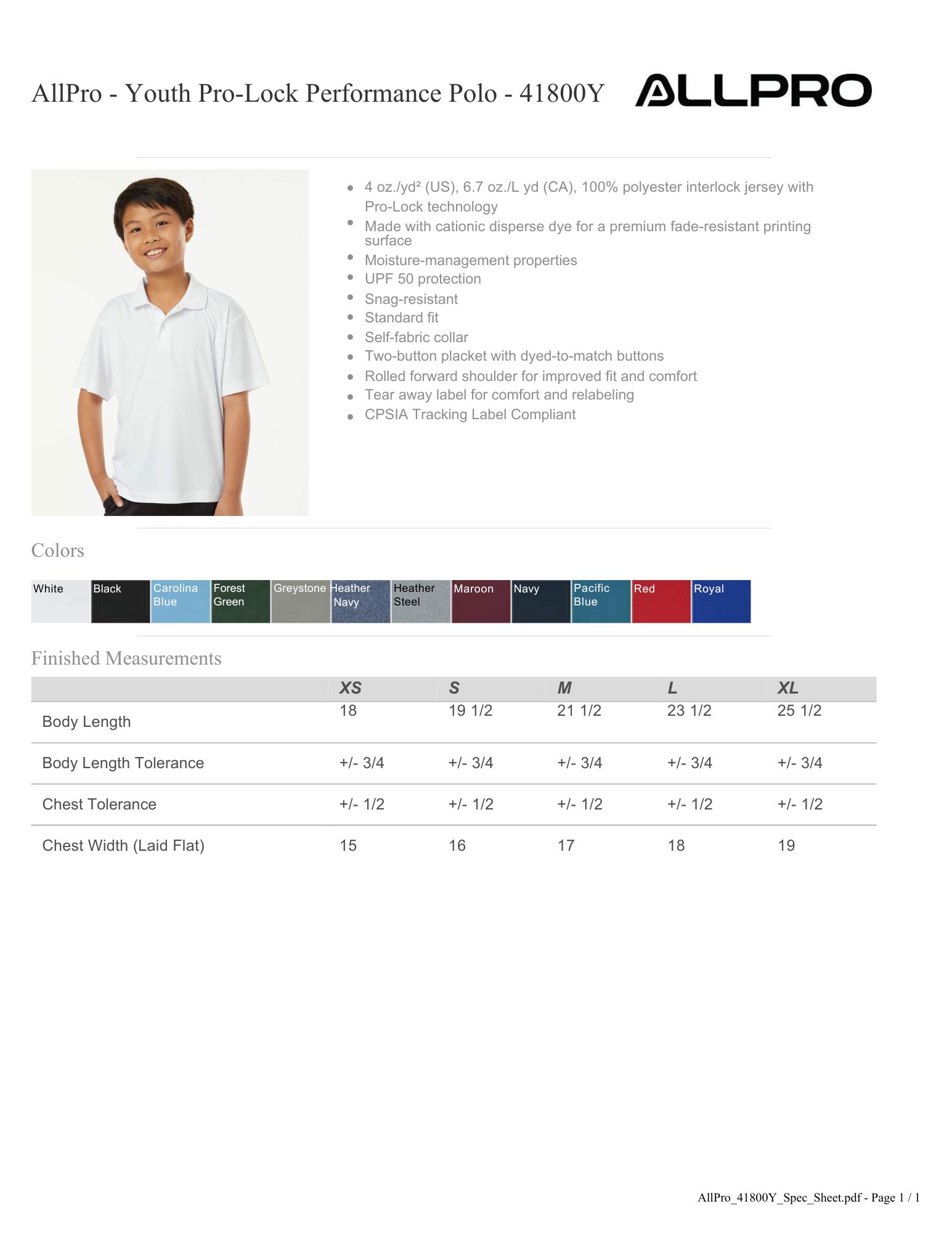AllPro Youth Pro-Lock Performance Polo