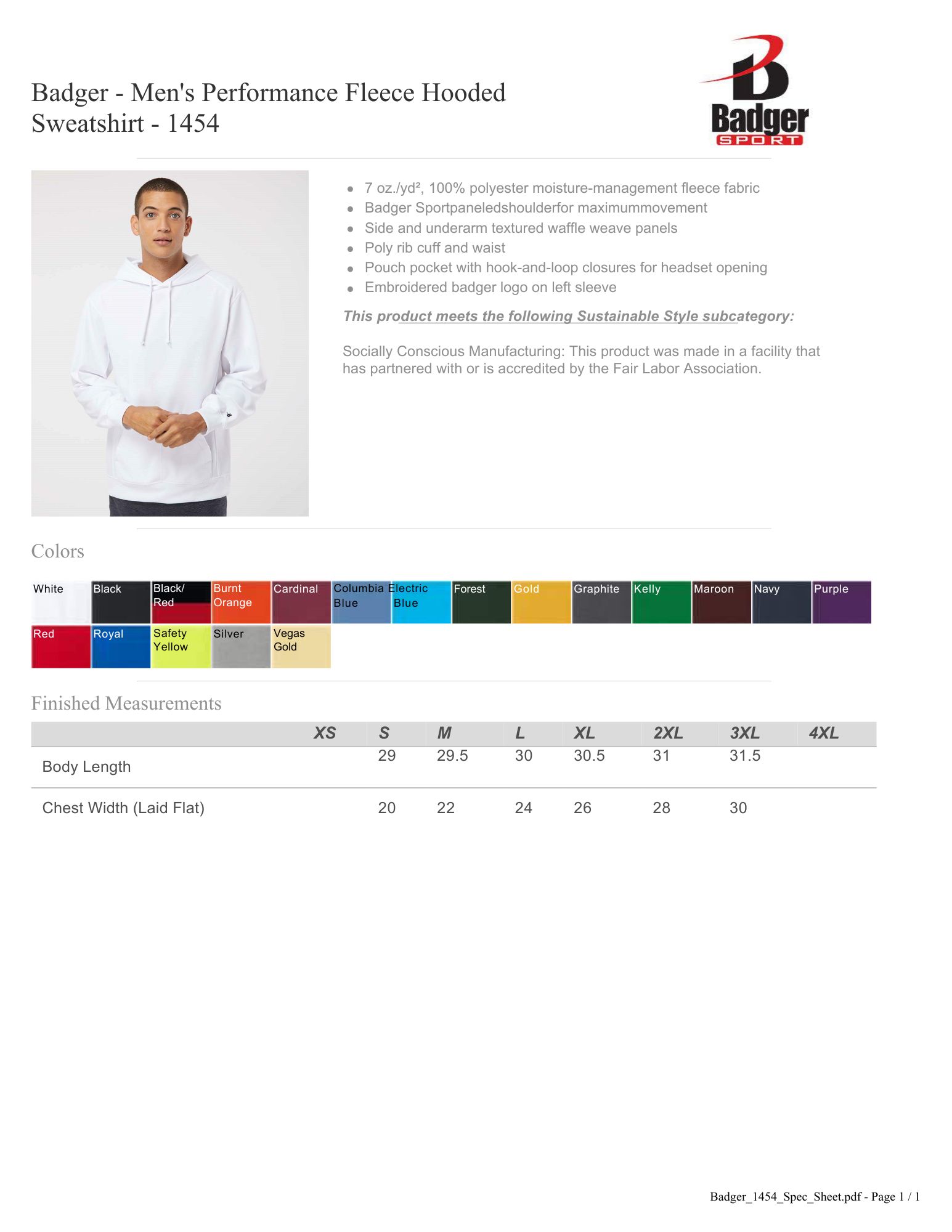 Badger Men's Performance Fleece Hooded Sweatshirt - 1454 XL Sizes