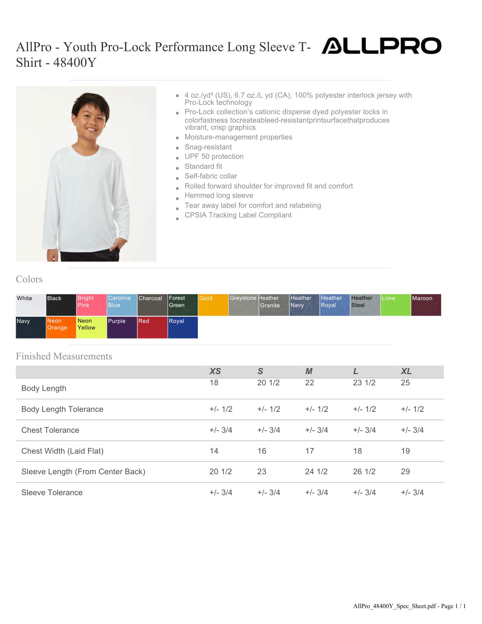 AllPro Youth Pro-Lock Performance Long Sleeve T-Shirt