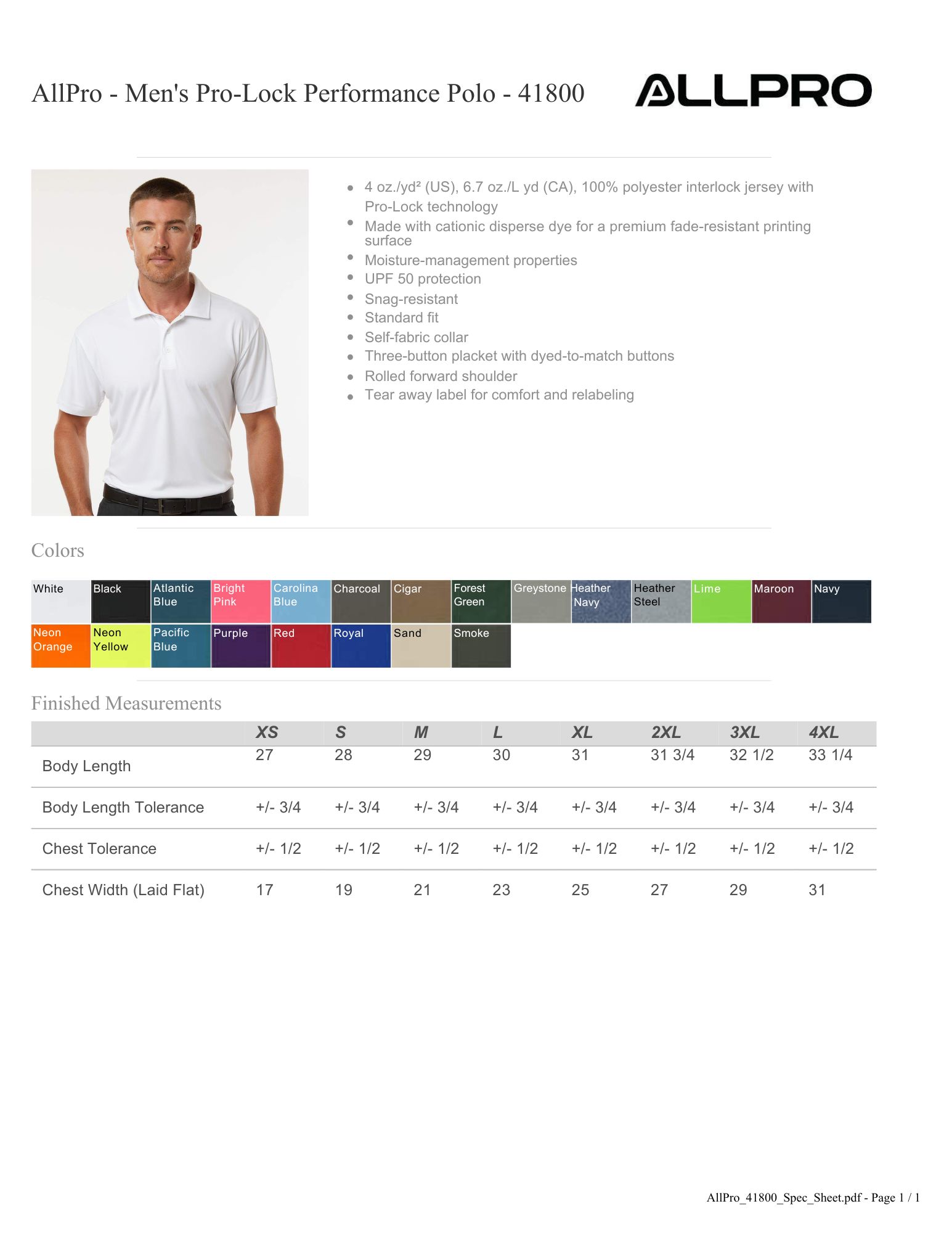 AllPro Men's Pro-Lock Performance Polo XL Sizes
