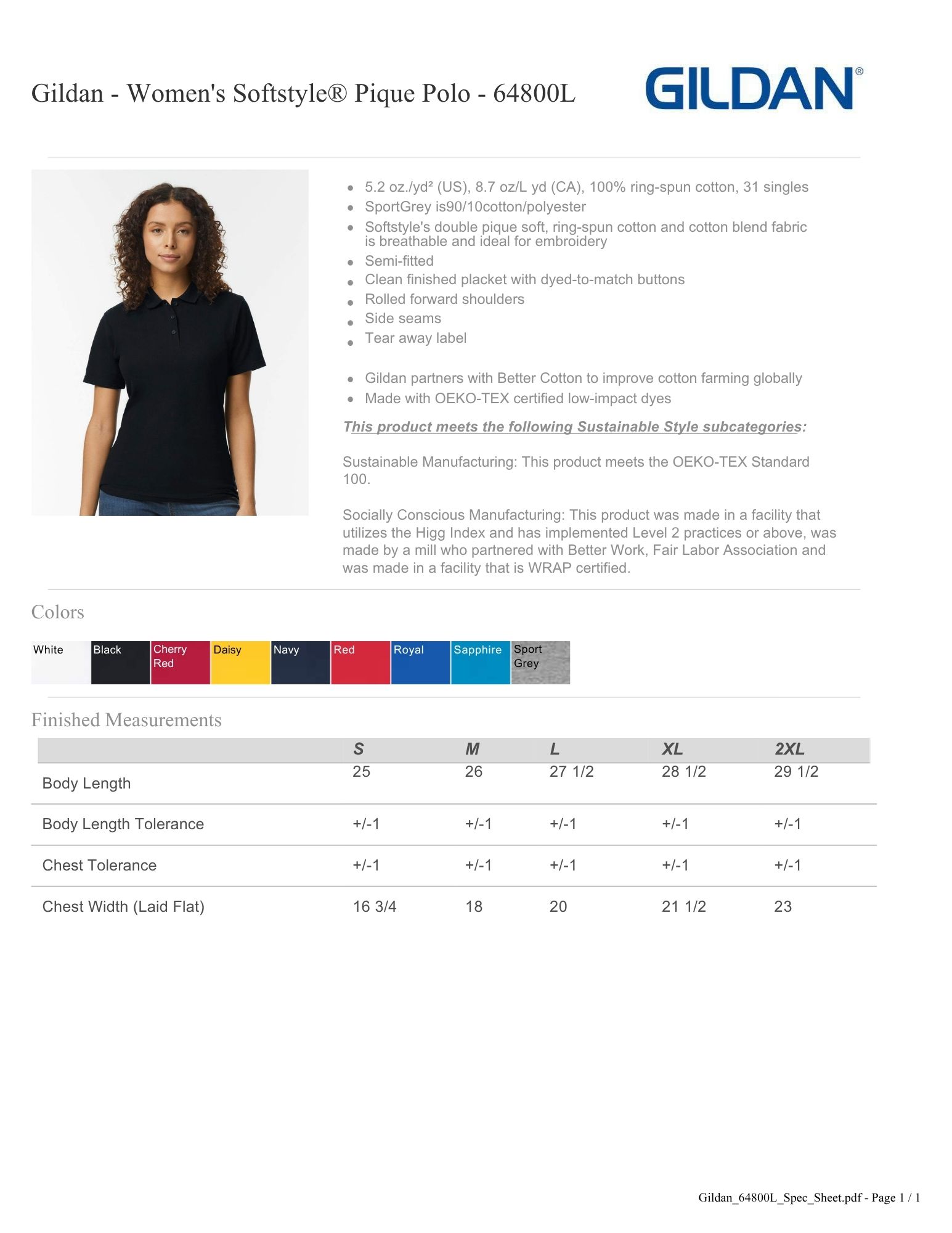 Gildan Women's Softstyle Pique Polo - 64800L