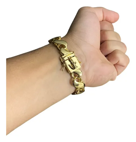 Pulseira 13mm Friso S Fecho Jacaré Banhado A Ouro 18K