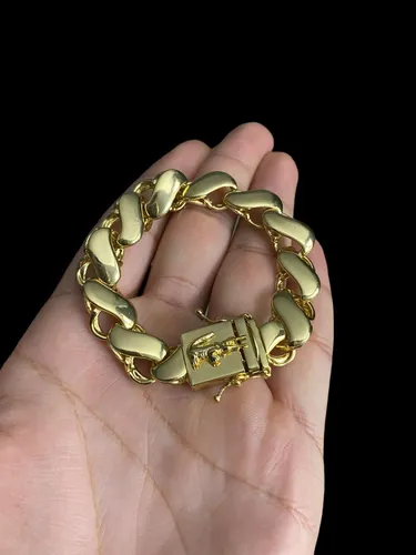 Pulseira 13mm Friso S Fecho Jacaré Banhado A Ouro 18K