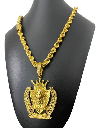 Cordão 10mm Baiano + Ping Rei Dos Reis Banhado A Ouro 18k