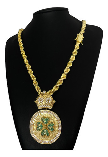 Cordão Baiano 8mm + Ping Trevo Cravejado Banhado A Ouro 18k