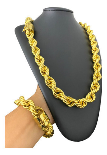 Cordão + Pulseira 15mm Baiano Banhado A Ouro 18k Luxo
