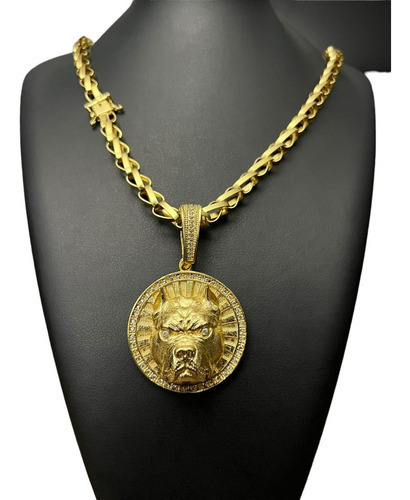 Cordão 8mm Balão + Pingente Pitbull Redondo Banhadoa Ouro18k