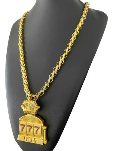 Cordão Balão 8mm + Pingente Cassino 777 Banhado A Ouro 18k