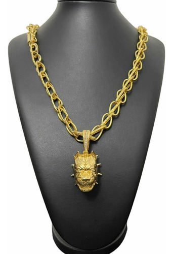 Cordão Balão 13mm + Pingente Pitbull Banhado A Ouro 18k