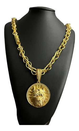 Cordão 13mm Balão Bordado + Pingente Pit Bull Banhado A Ouro