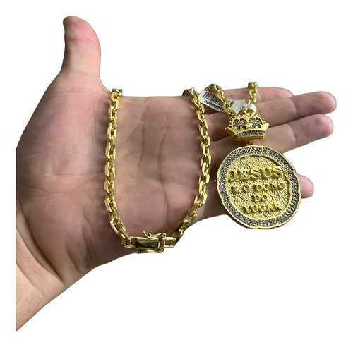 Cordão 6mm Cadeado + Pingente Jesus É O Dono Banhado A Ouro