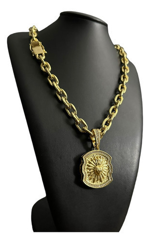 Cordão Cadeado 14mm+ Ping Sagrado Coração Banhado A Ouro 18k