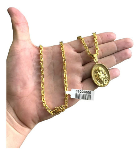 Cordão 5mm Cadeado + Pingente Face Jesus Oval Banhado A Ouro