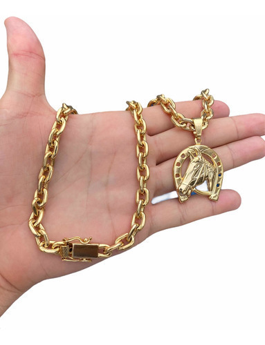 Cordão 8mm Cadeado + Pingente Cavalo Banhado A Ouro 18k Luxo