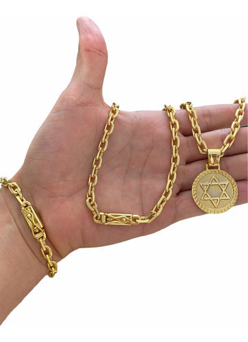 Cordao 6mm Cadeado + Pulseira Pingente Banhado A Ouro 18k