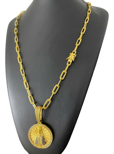 Cordão Cadeado 8mm Banhado A Ouro + Fecho Pingente N Senhora