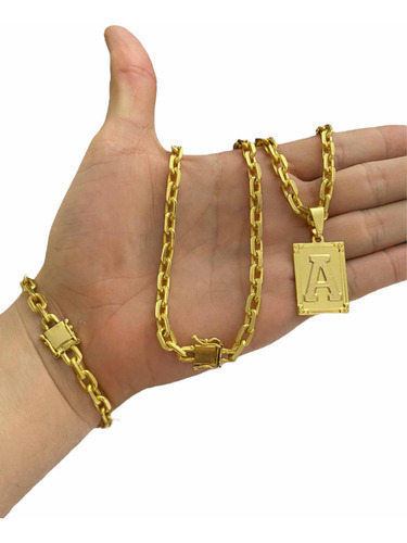 Cordão Pulseira E Pingente 6mm Cadeado Banhado A Ouro 18k