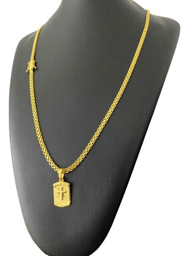 Cordão Cadeado Duplo 3mm + Cruz Plaquinha Banhado A Ouro 18k