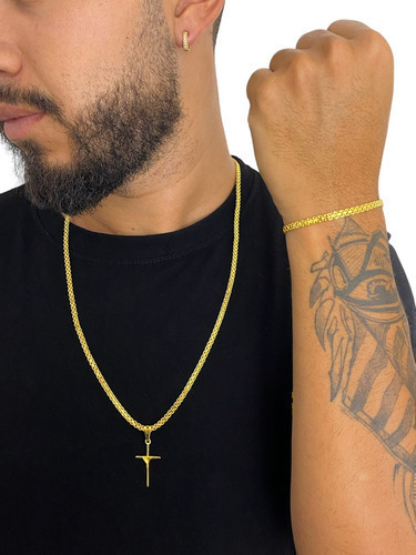 Cordão + Pulseira Cadeado Duplo 3mm Pingente Banhado A Ouro