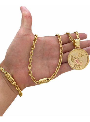 Cordão Cadeado 6mm + Pingente Pulseira Banhado À Ouro 18k