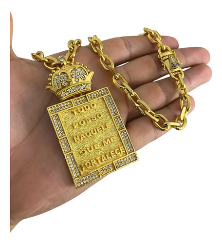 Cordão 8mm Cadeado Fecho Especial + Tudo Posso Banhado Ouro