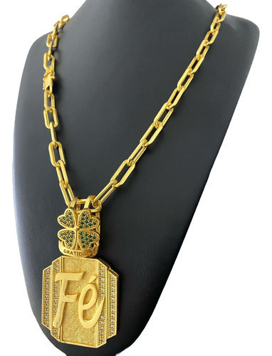Cordão 12mm Cadeado Alongado Fé Trevo Banhado A Ouro 18k