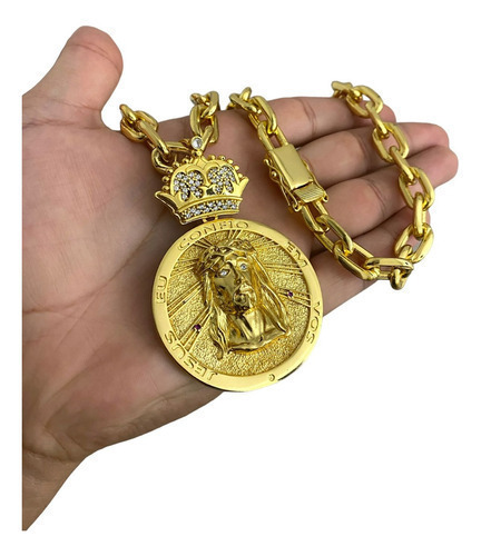 Cordão 14mm Cadeado Jesus Eu Cofio Em Vós Banhado A Ouro 18k