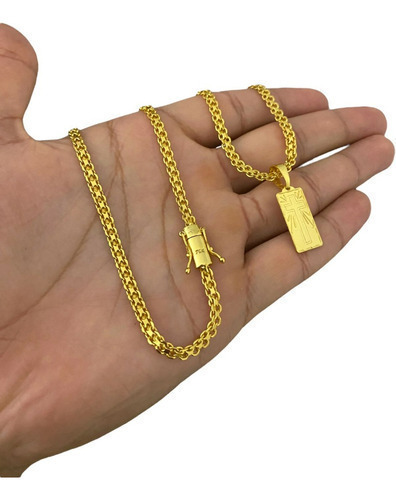 Cordão Cadeado Duplo 3mm Banhado A Ouro 18k + Placa Cruz