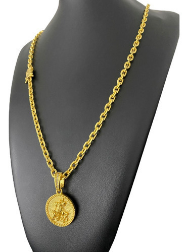 Cordão Cadeado 5mm + São Jorge Redondo Banhado A Ouro 18k