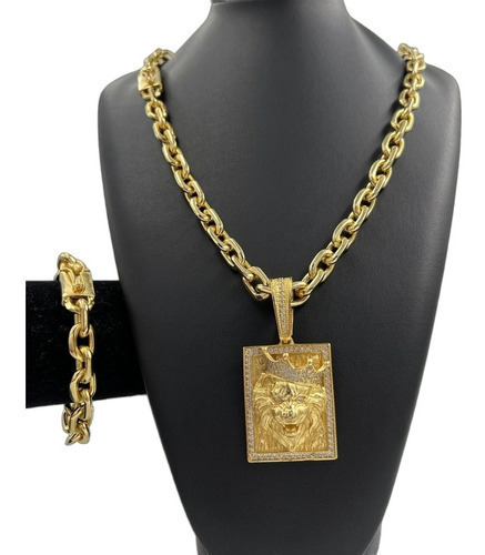 Cordão 12mm Cadeado + Pulseira + Ping Leão Banhado A Ouro18k