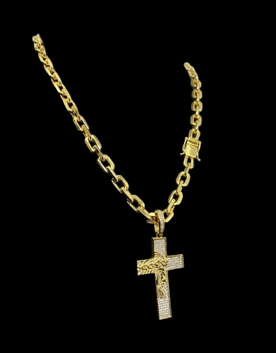 Cordão Luxo 8mm Cadeado Banhado A Ouro + Pingente Cruz Jesus