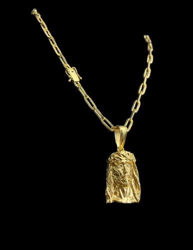 Cordão 7mm Cadeado Banhado A Ouro + Pingente Rosto De Cristo