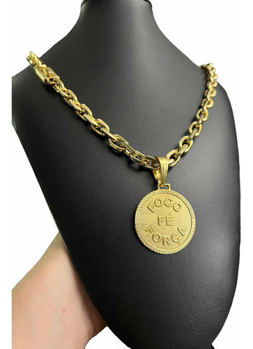 Cordão 12mm + Pingente Foco Força Fé Cadeado Banhado Ouro
