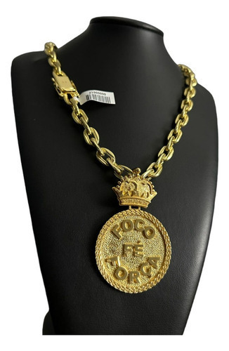 Cordão + Ping Foco Força Fé Cadeado 14mm Banhado A Ouro 18k