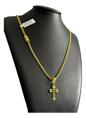 Cordão 3mm Cadeado Duplo + Cruz Boleada Vazada Banhado Ouro